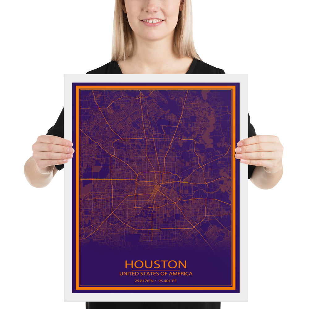 Houston Purple and Orange Framed Map