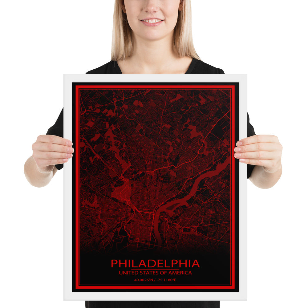 Philadelphia Black and Red Framed Map