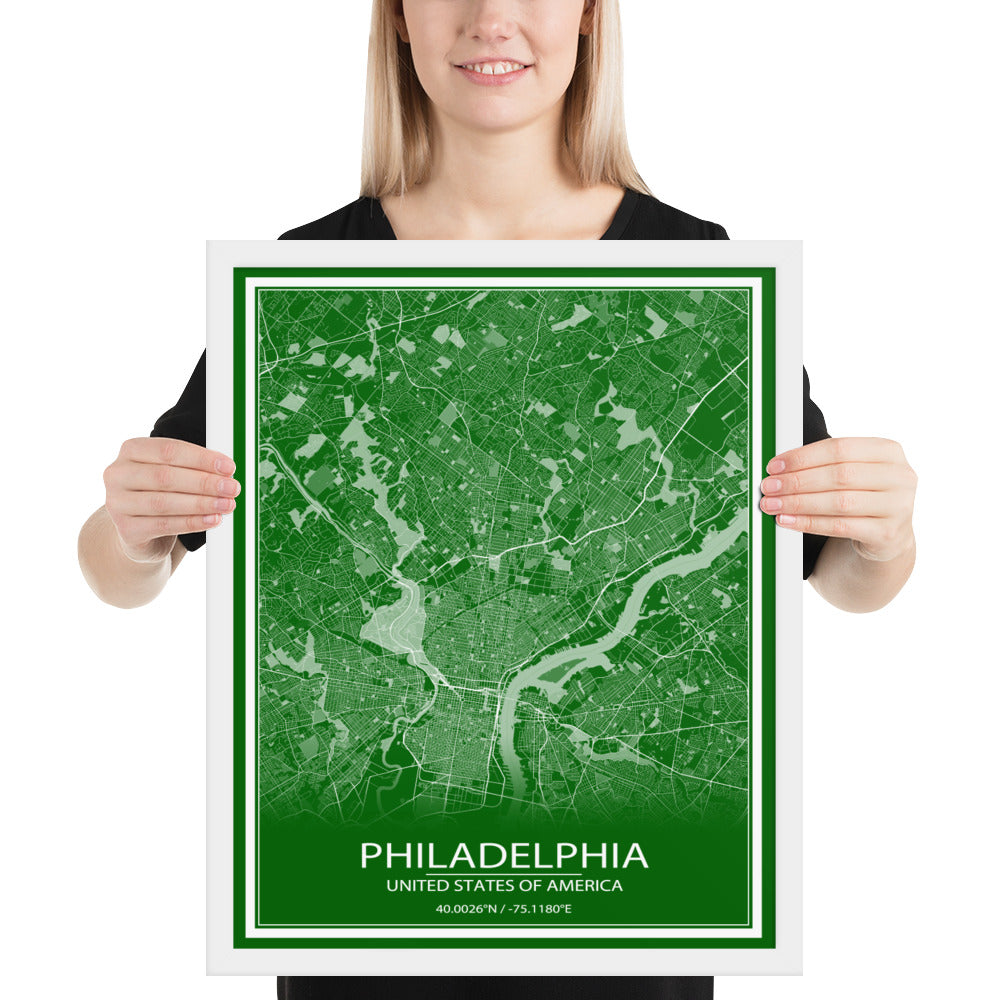 Philadelphia Green and White Framed Map