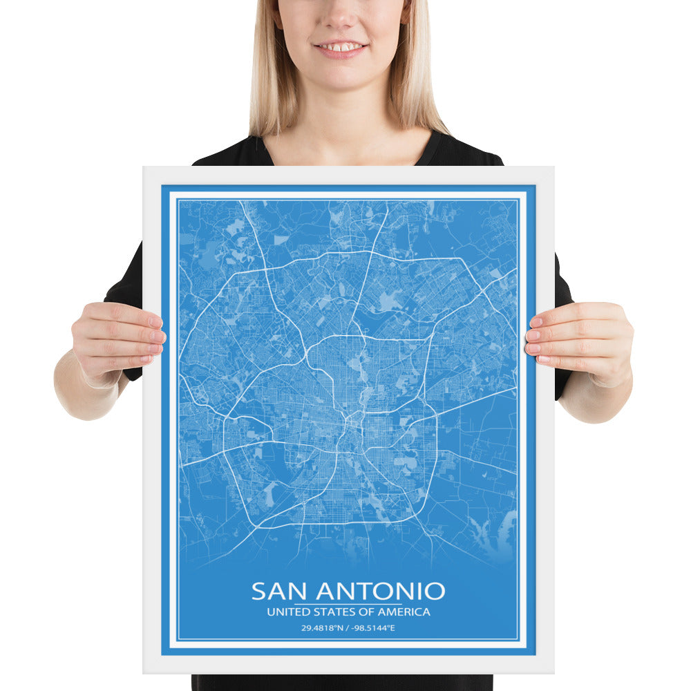 San Antonio Blue and White Framed Map