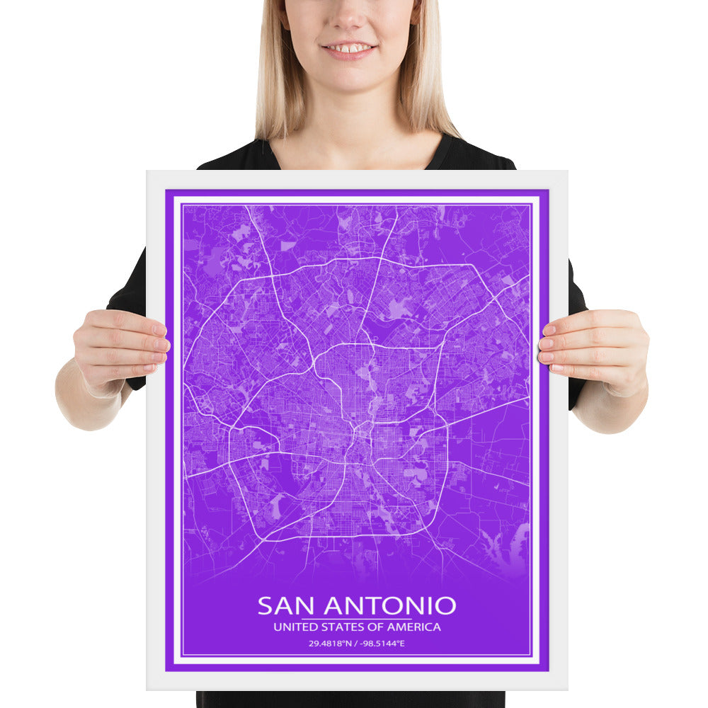 San Antonio Purple and White Framed Map