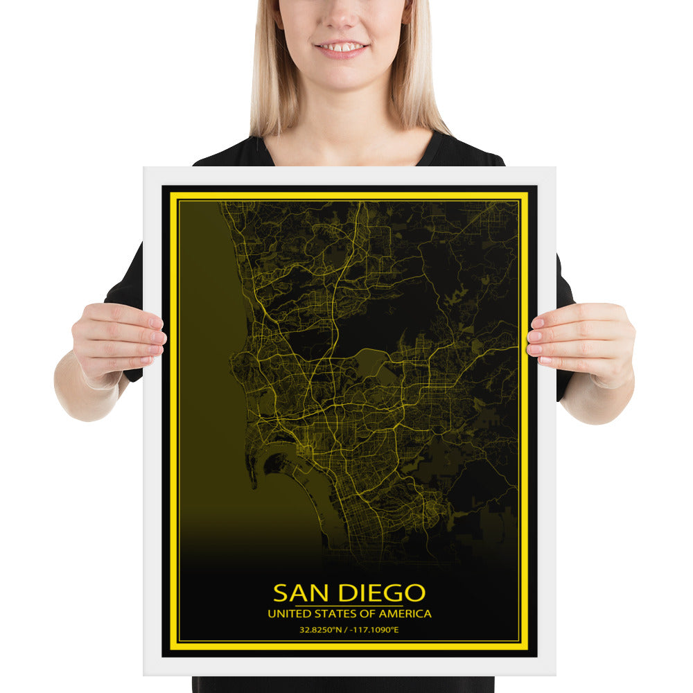 San Diego Black and Yellow Framed Map