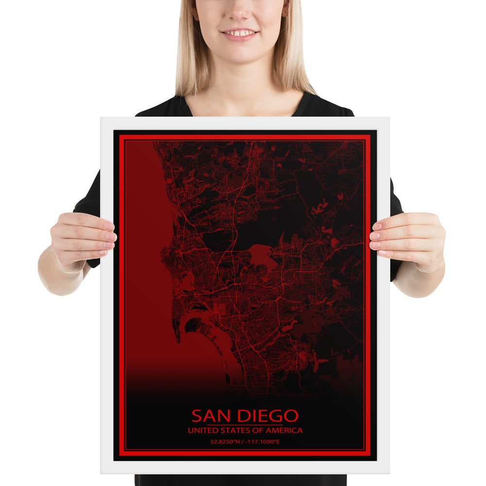 San Diego Black and Red Framed Map