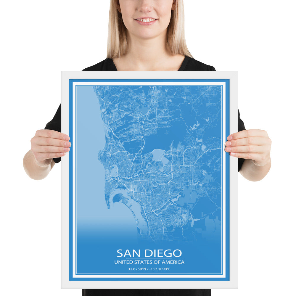 San Diego Blue and White Framed Map