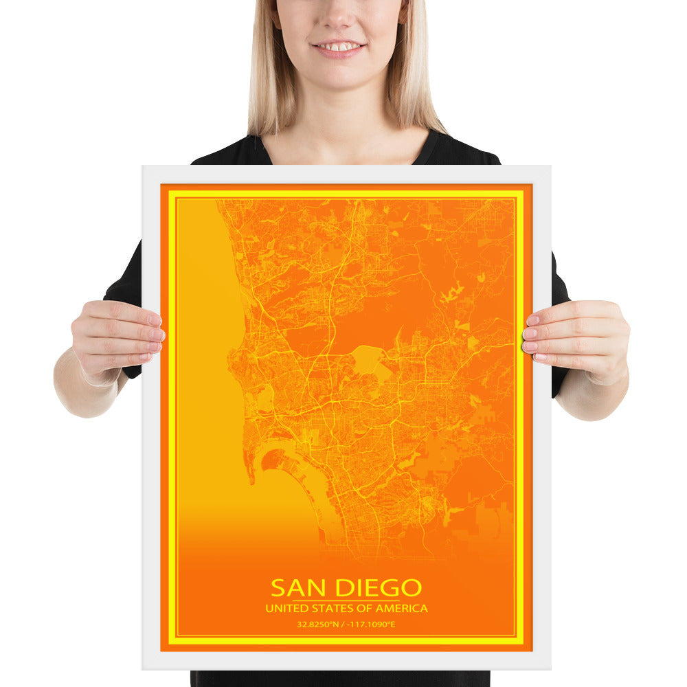 San Diego Orange and Yellow Framed Map