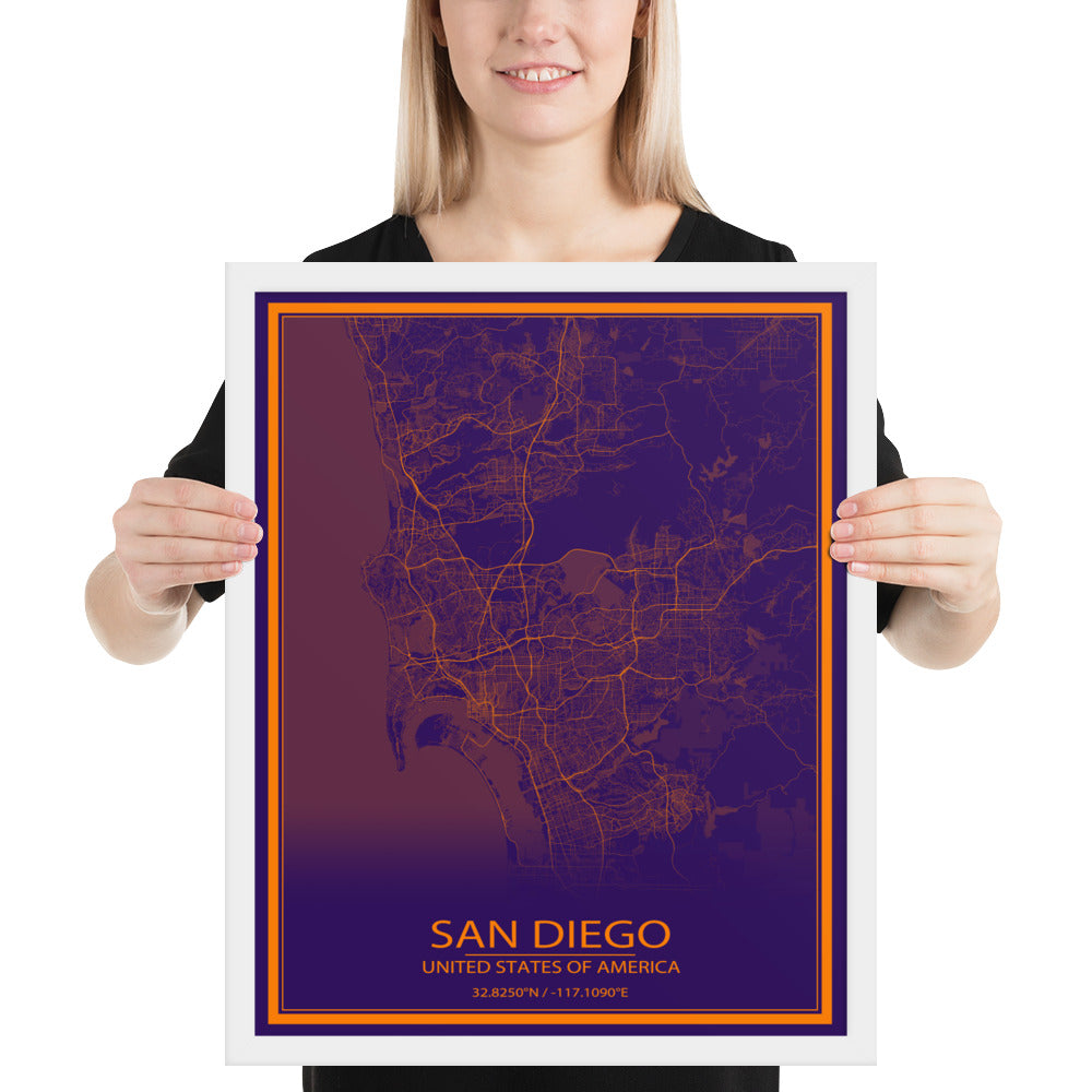 San Diego Purple and Orange Framed Map