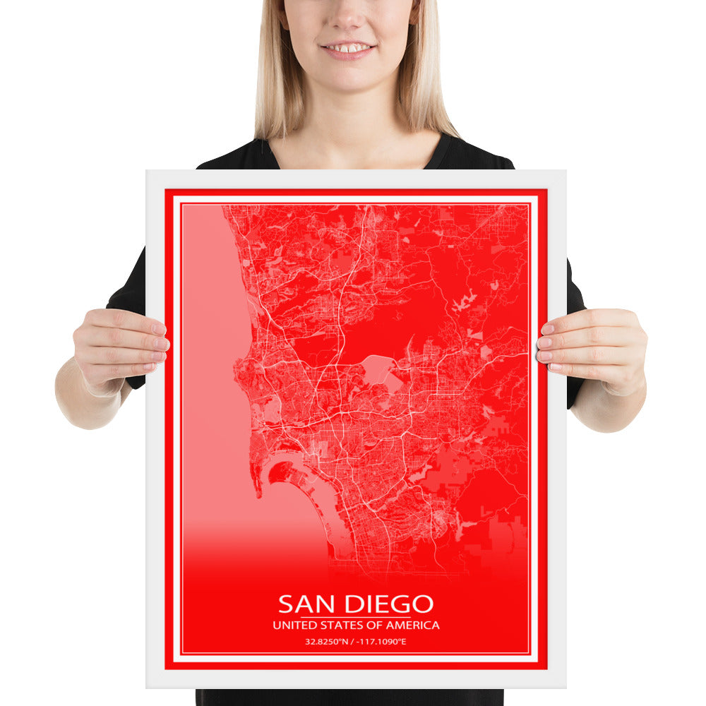 San Diego Red and White Framed Map