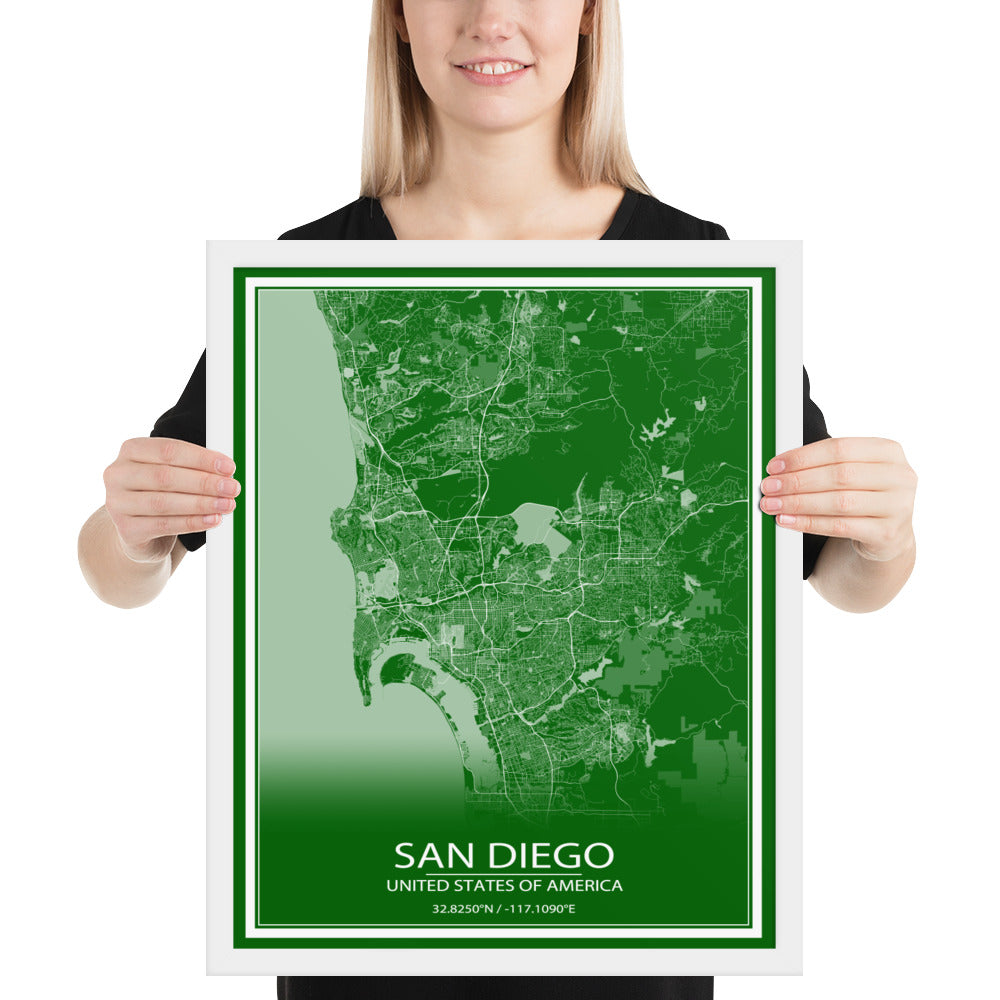 San Diego Green and White Framed Map