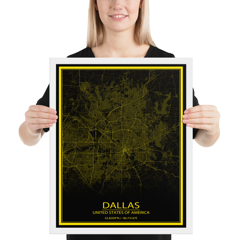 Dallas Black and Yellow Framed Map