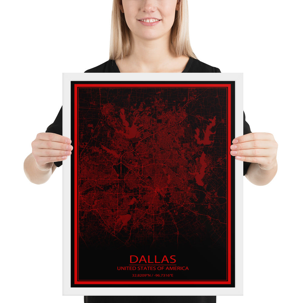 Dallas Black and Red Framed Map