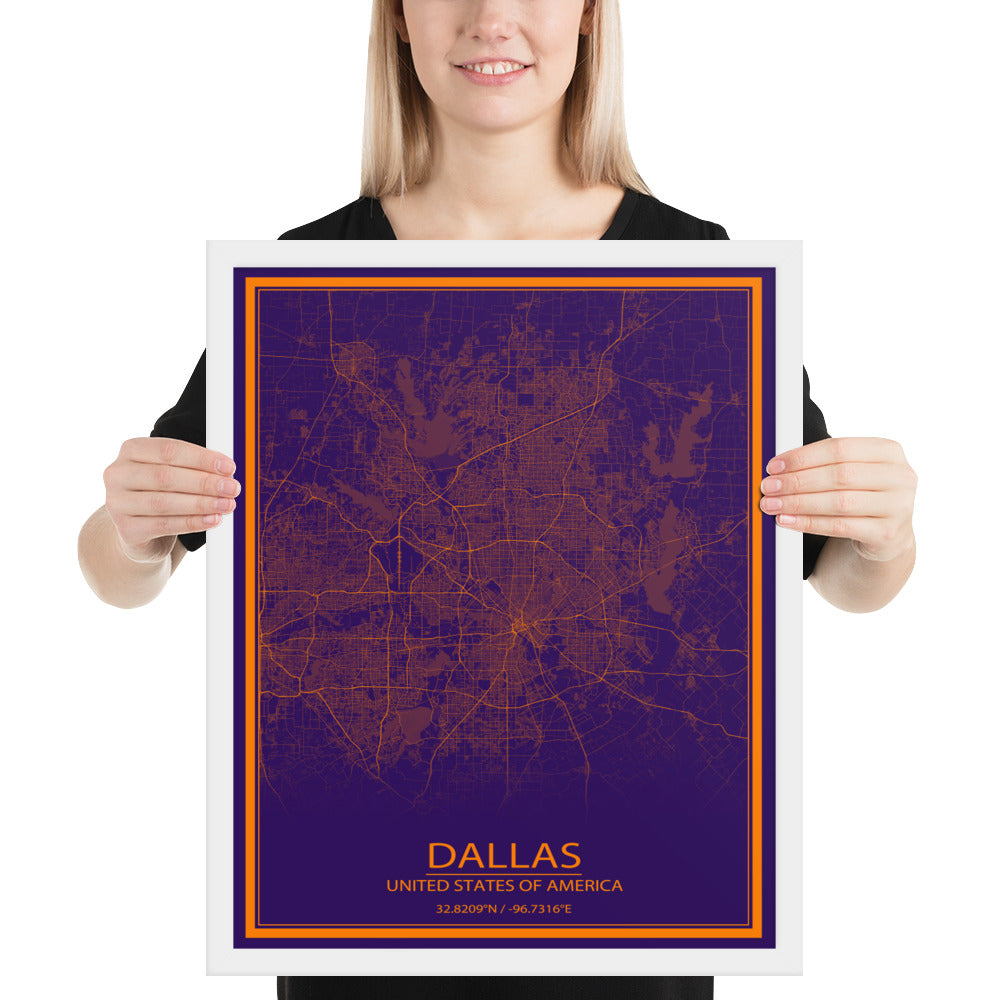 Dallas Purple and Orange Framed Map