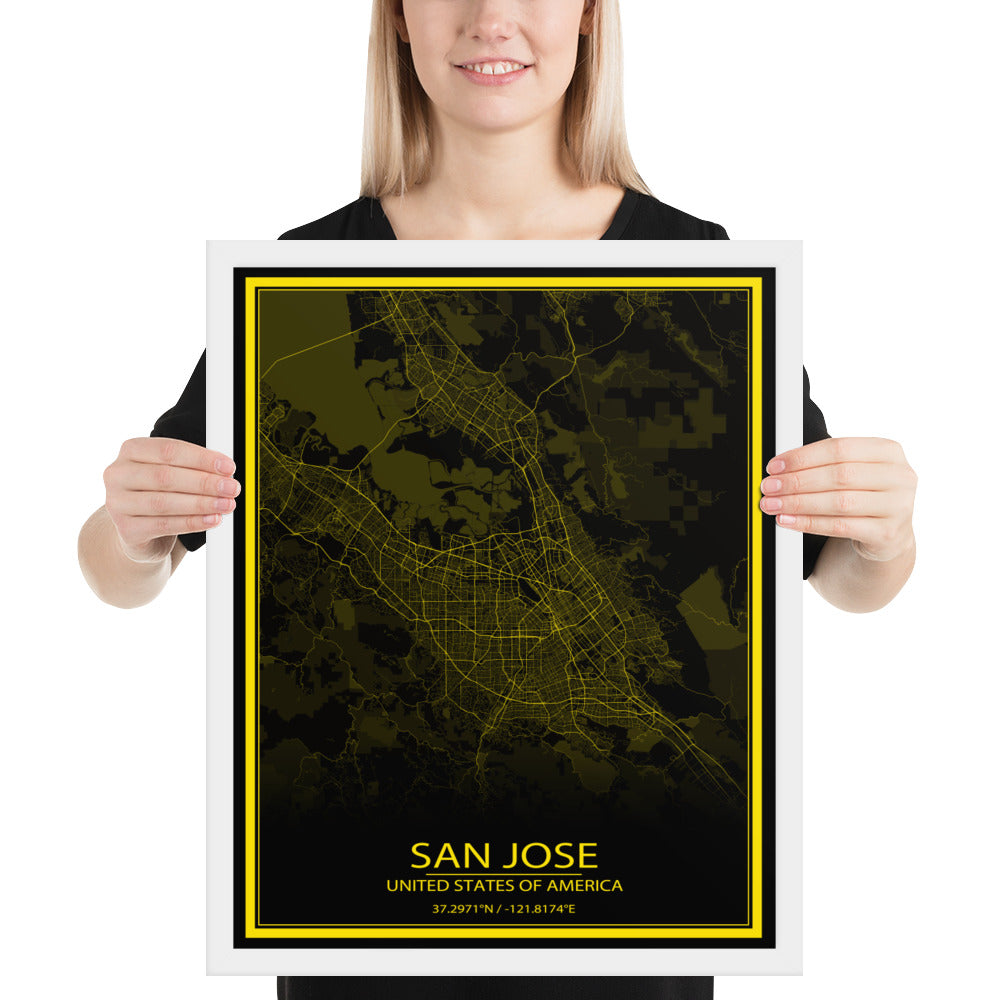 San Jose Black and Yellow Framed Map