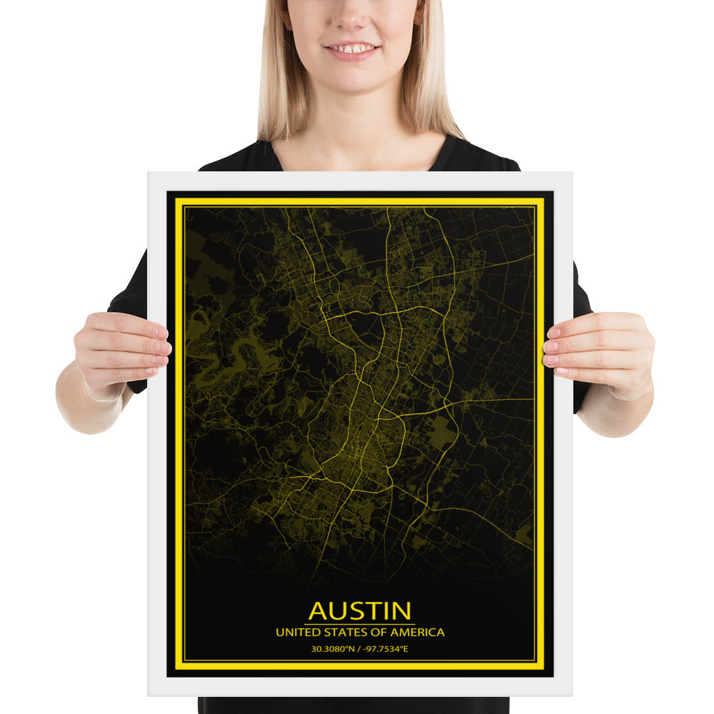 Austin Black and Yellow Framed Map