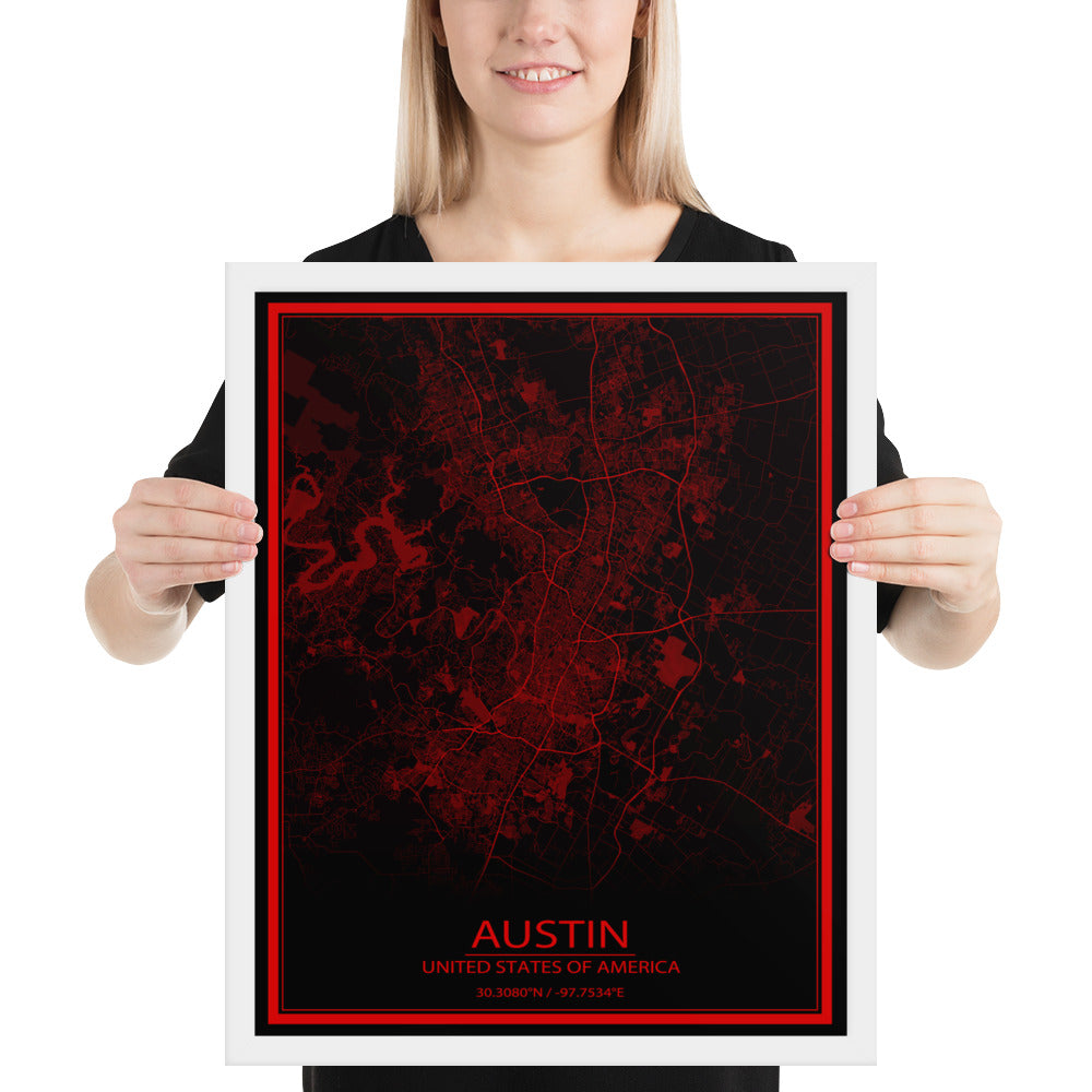 Austin Black and Red Framed Map