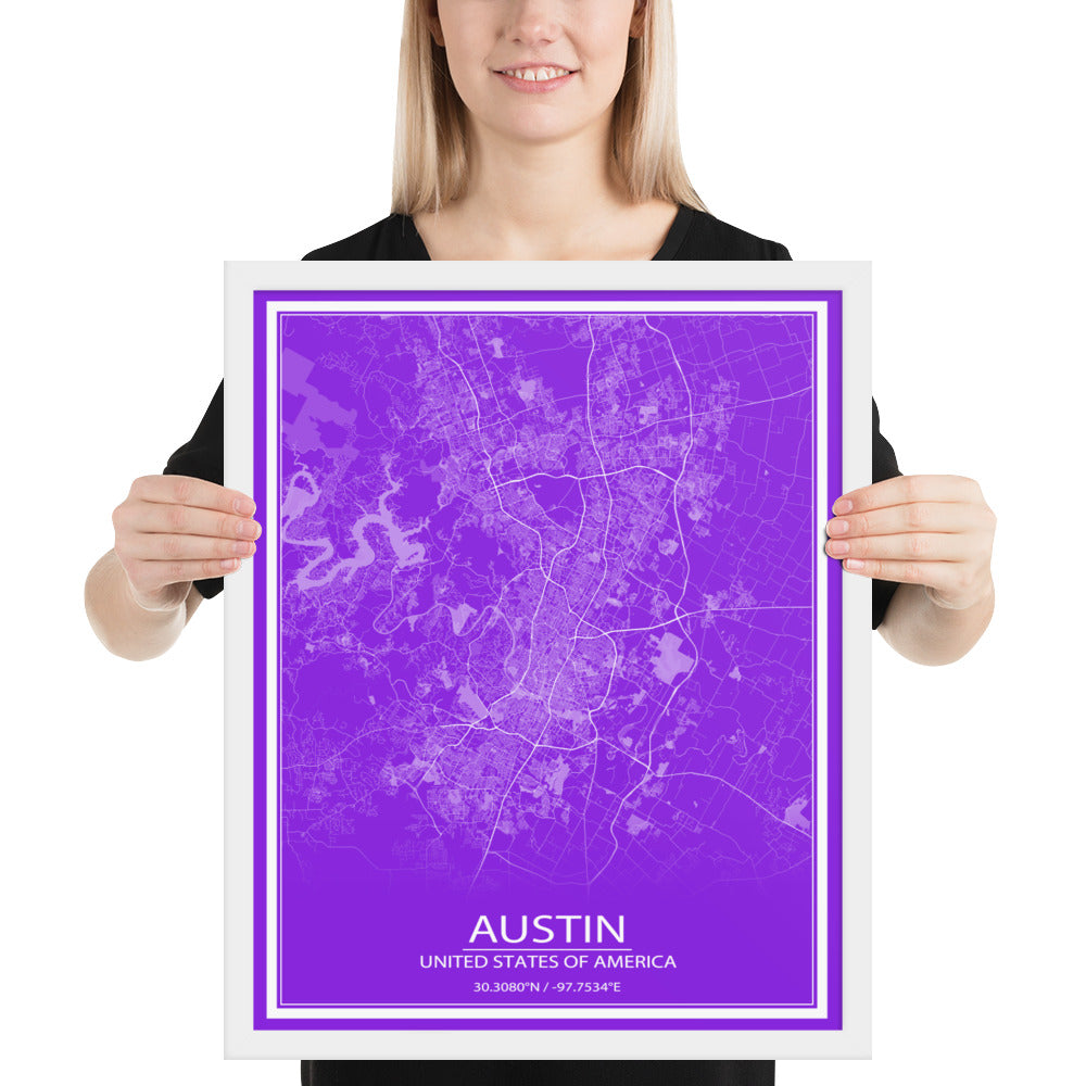 Austin Purple and White Framed Map