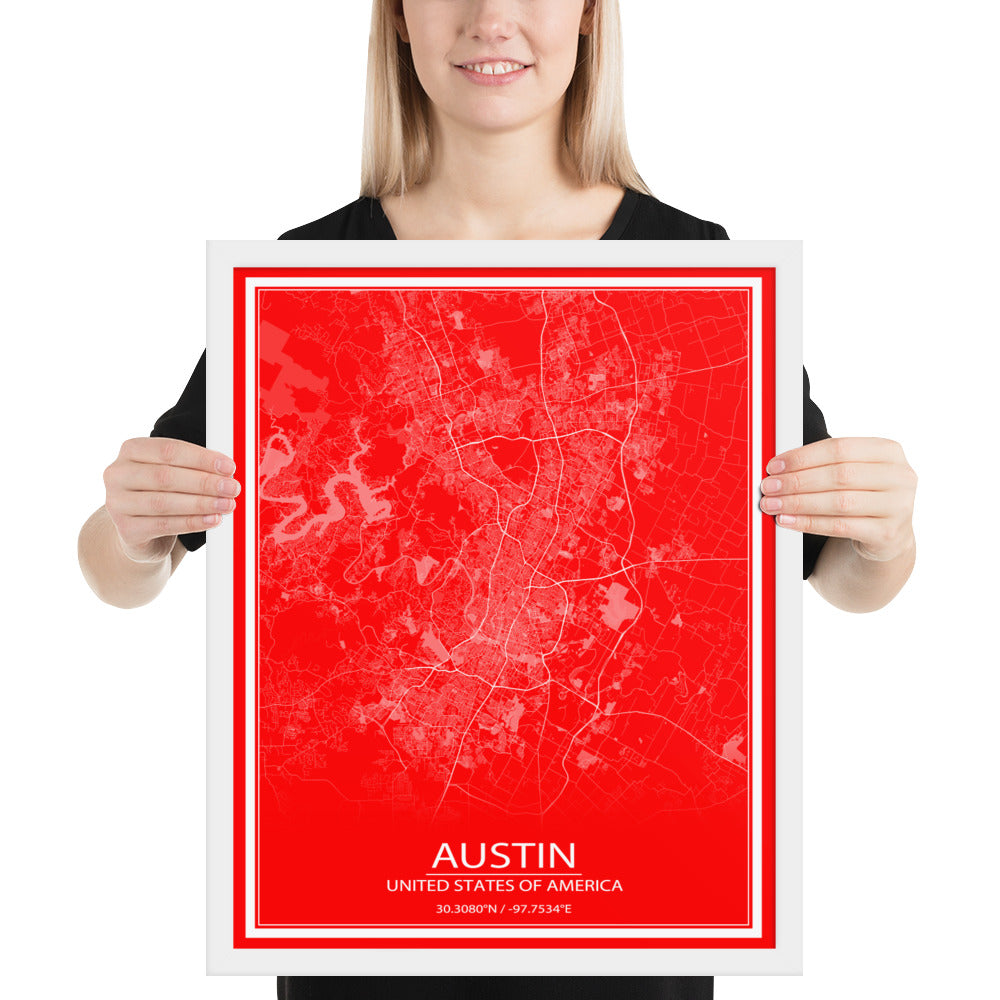 Austin Red and White Framed Map