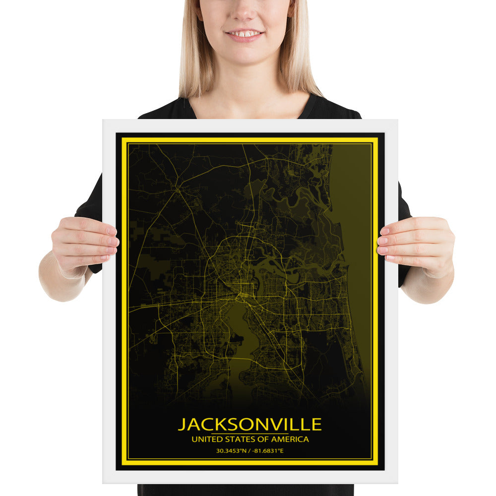 Jacksonville Black and Yellow Framed Map