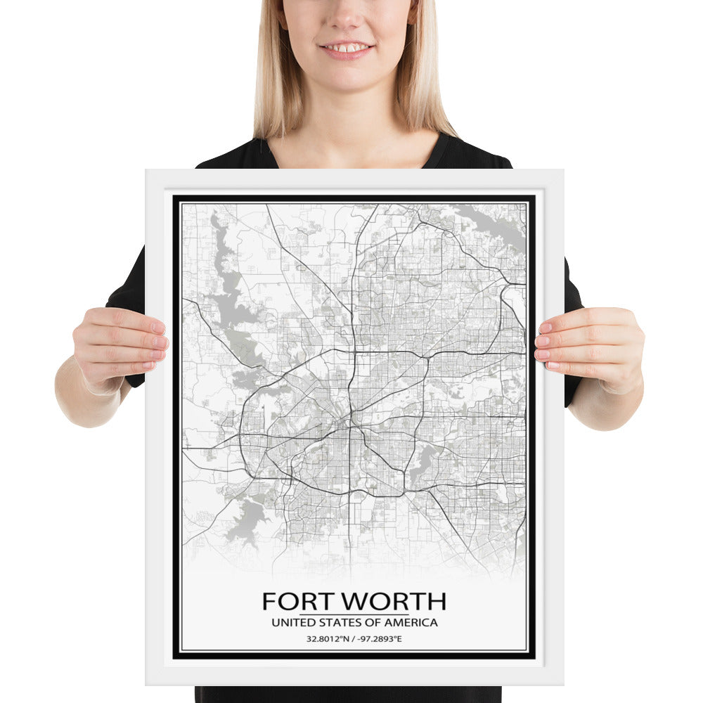 Fort Worth White Framed Map