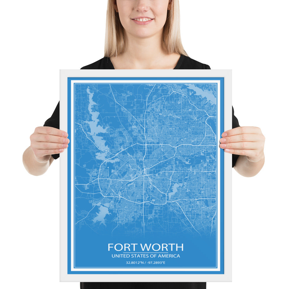 Fort Worth Blue and White Framed Map