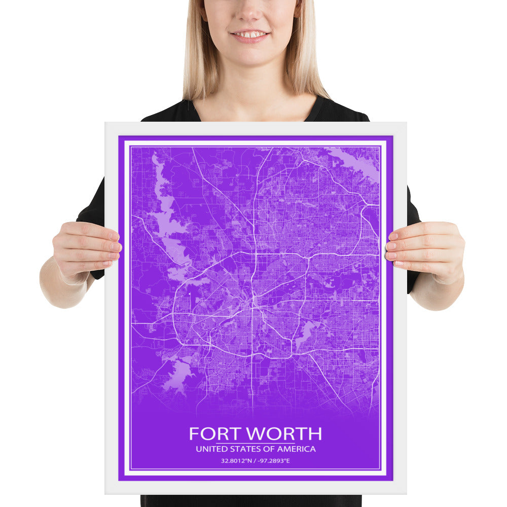 Fort Worth Purple and White Framed Map