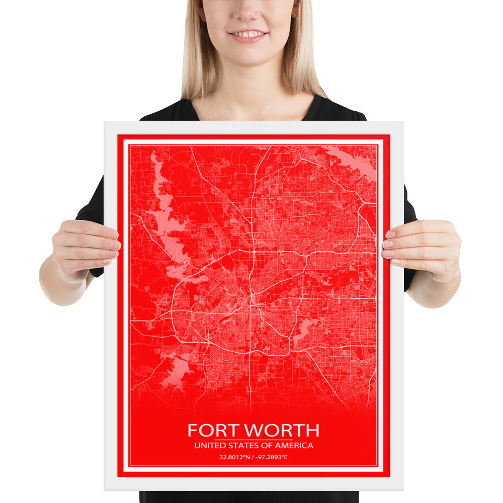 Fort Worth Red and White Framed Map