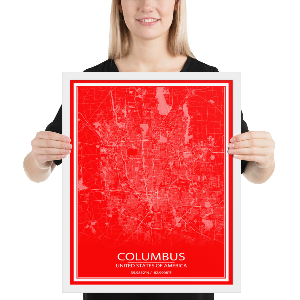 Columbus Red and White Framed Map