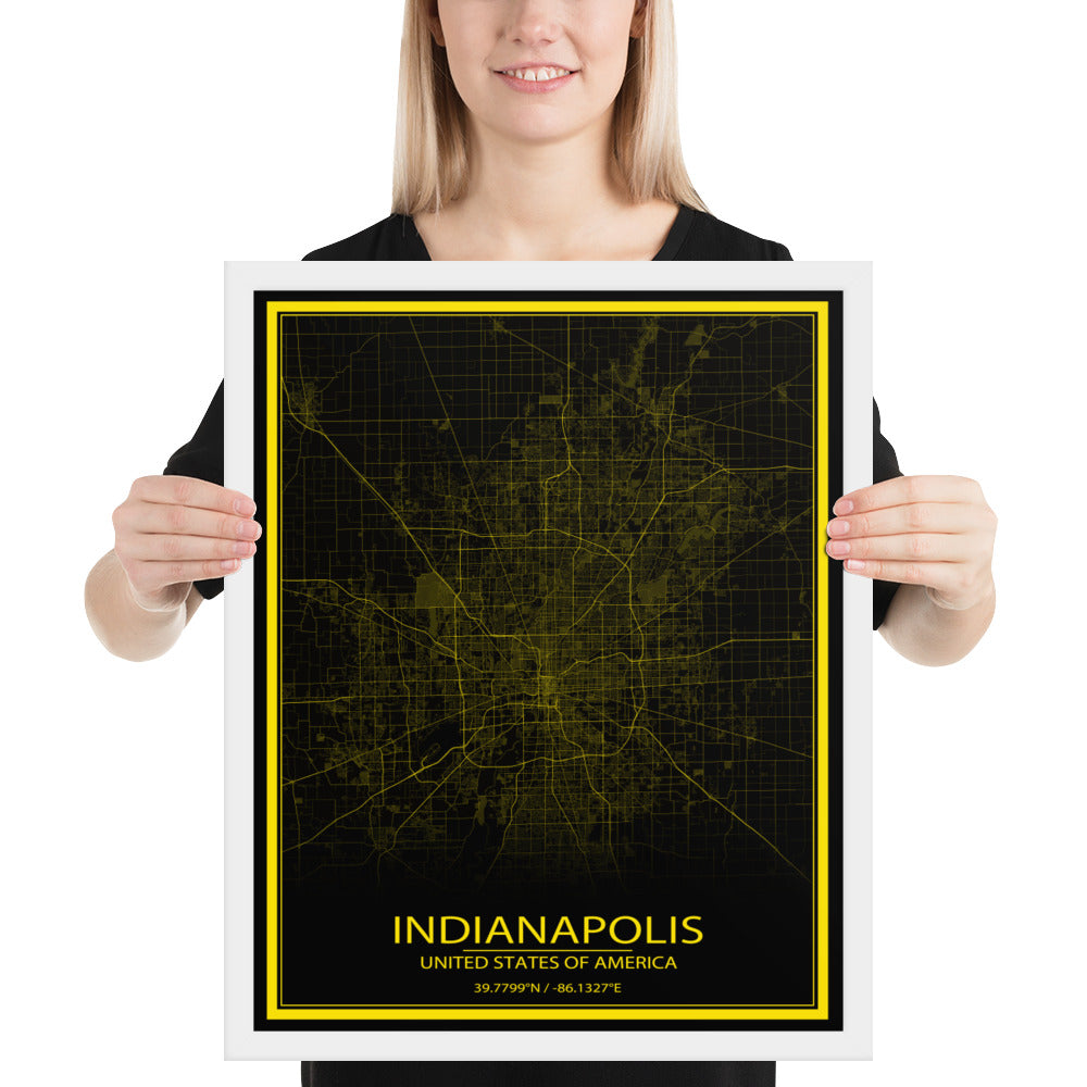 Indianapolis Black and Yellow Framed Map