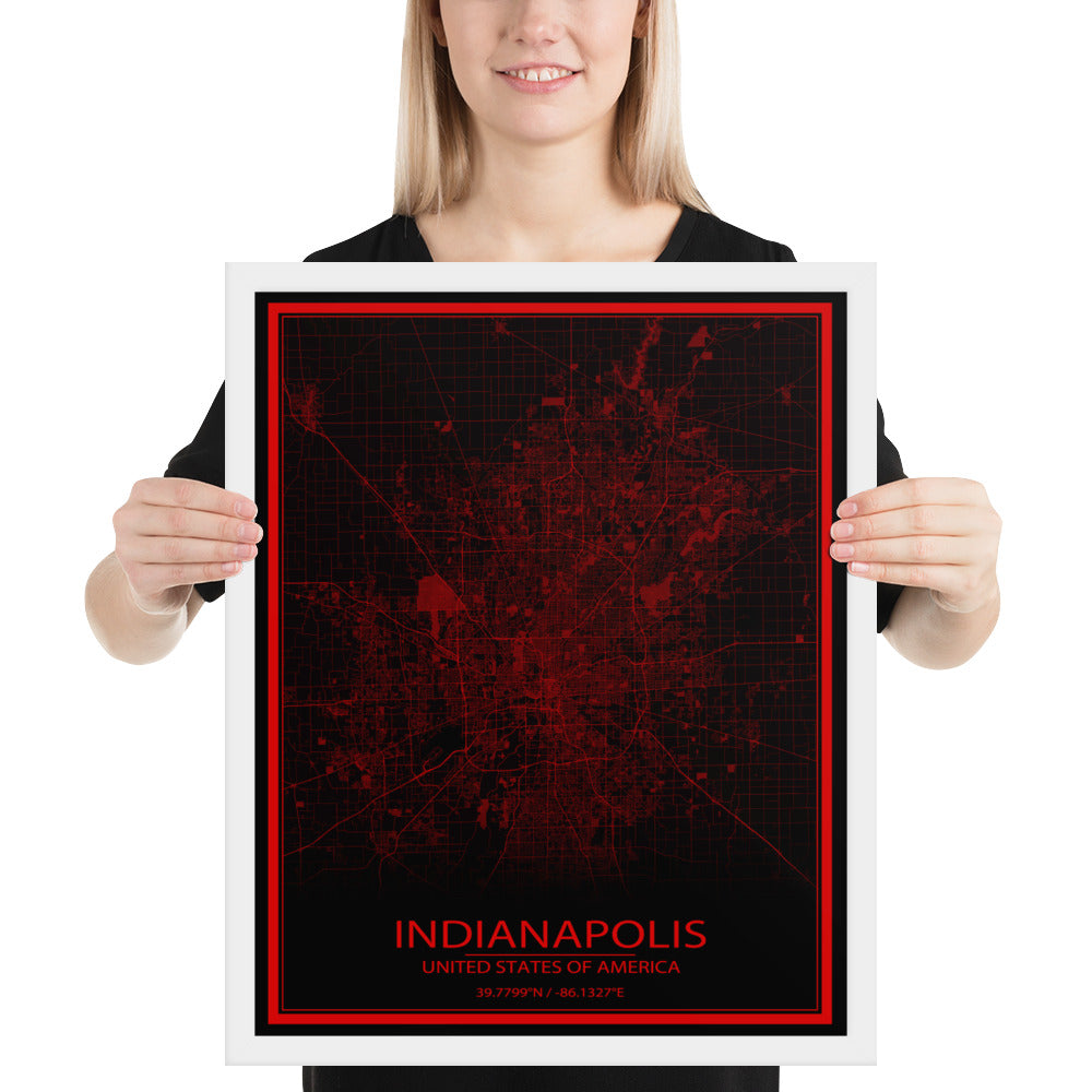 Indianapolis Black and Red Framed Map