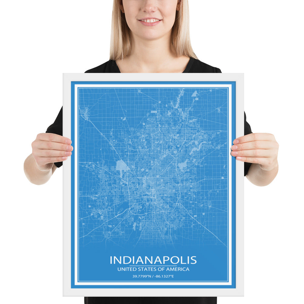 Indianapolis Blue and White Framed Map