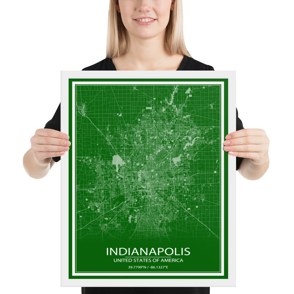 Indianapolis Green and White Framed Map