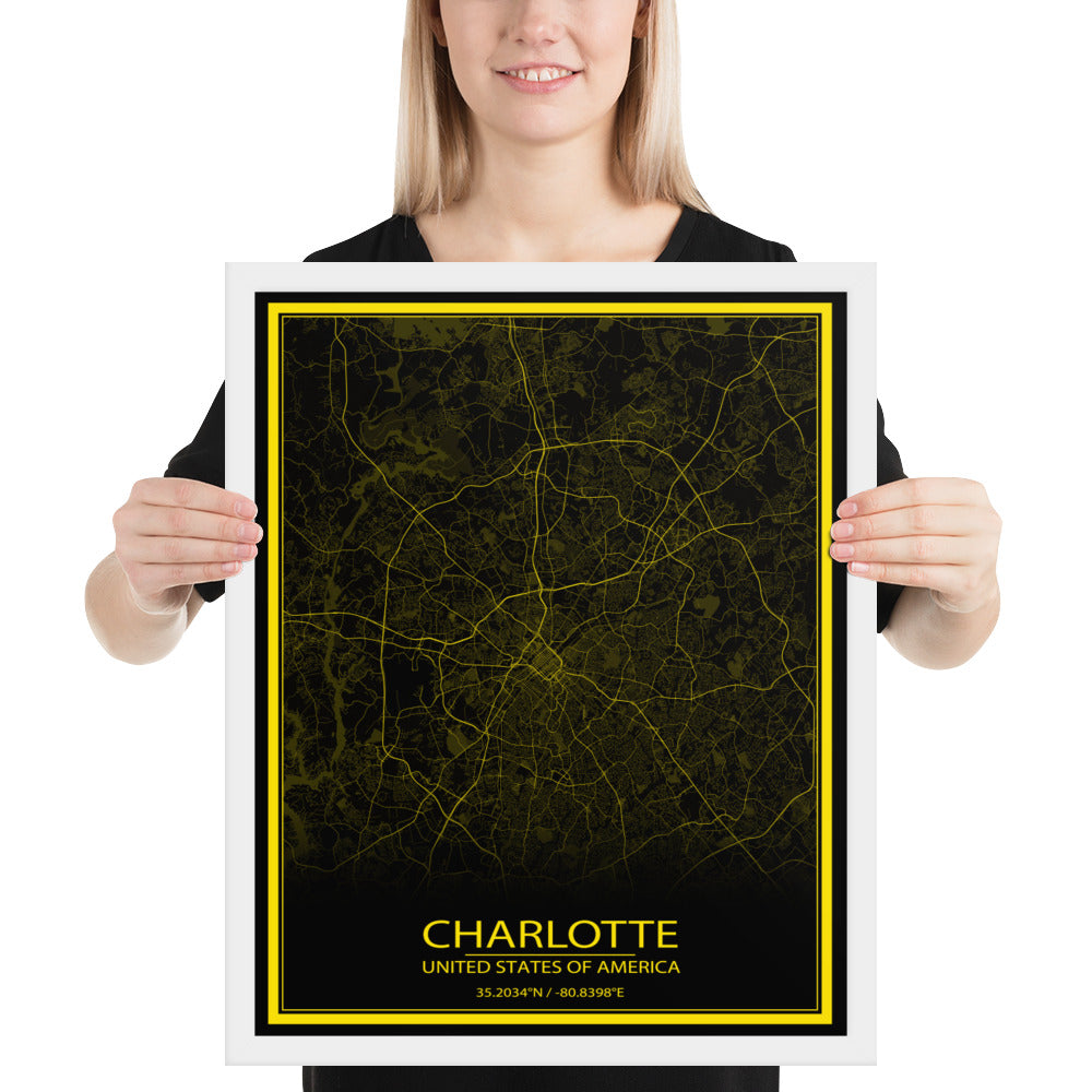 Charlotte Black and Yellow Framed Map