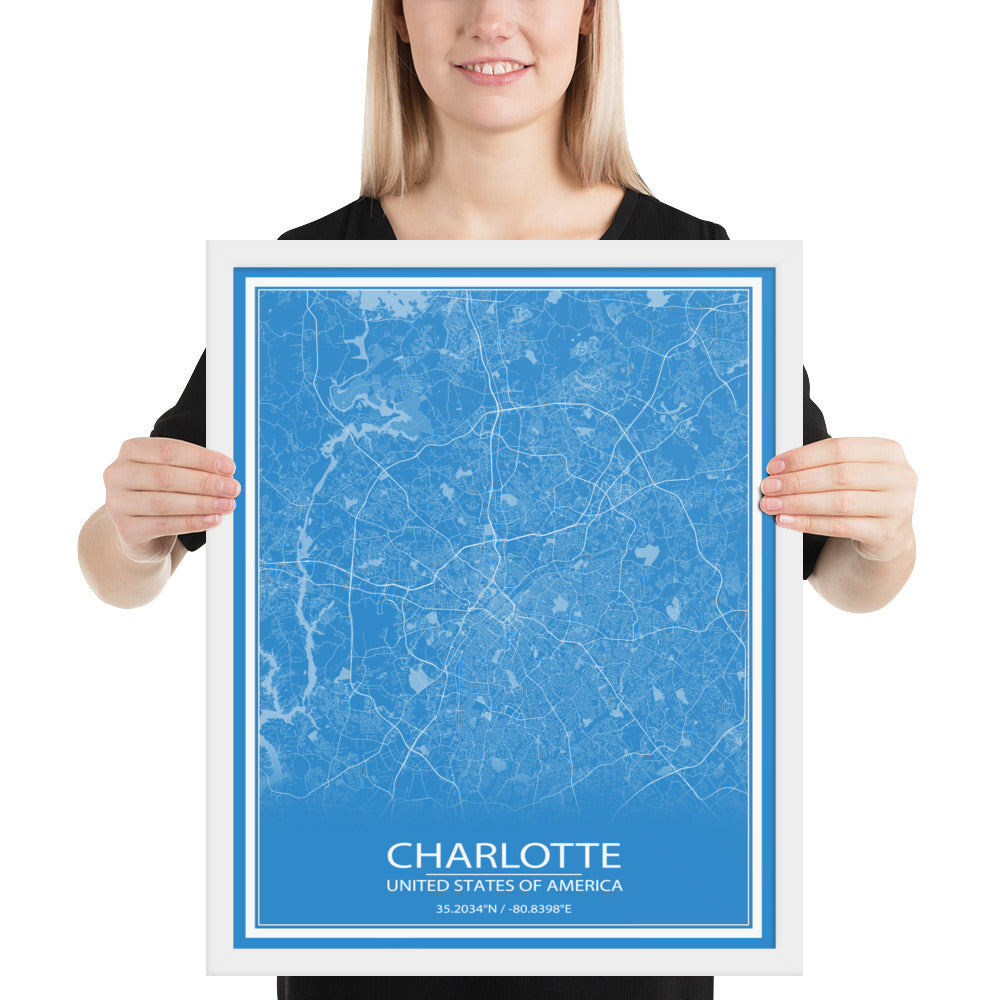 Charlotte Blue and White Framed Map