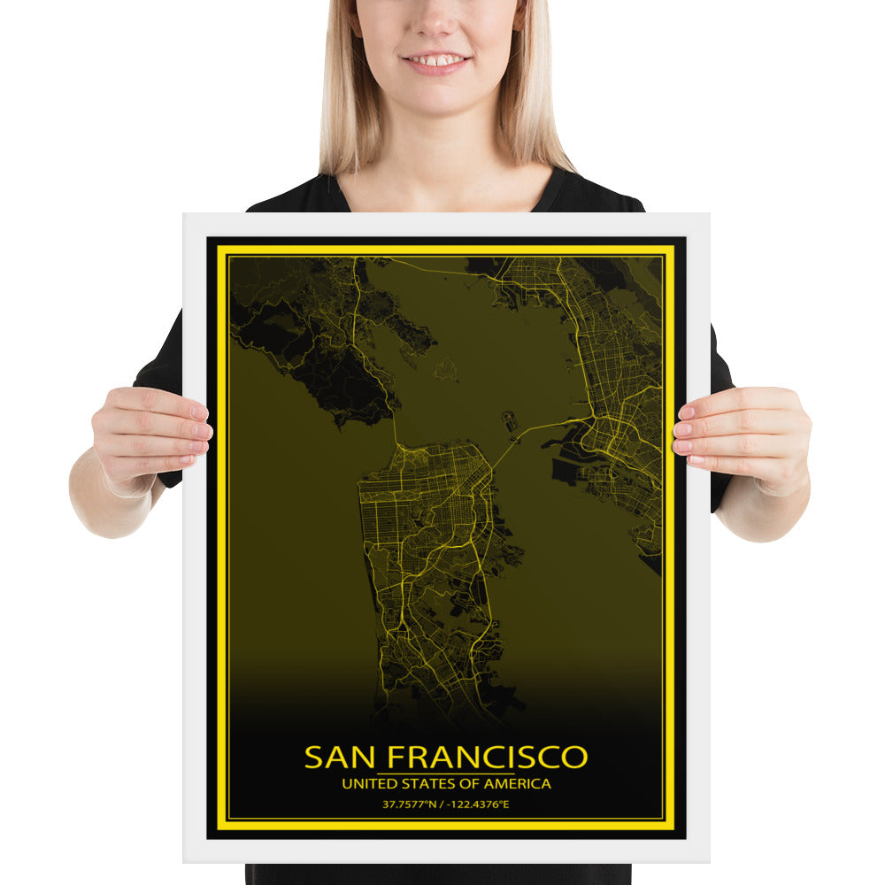 San Francisco Black and Yellow Framed Map