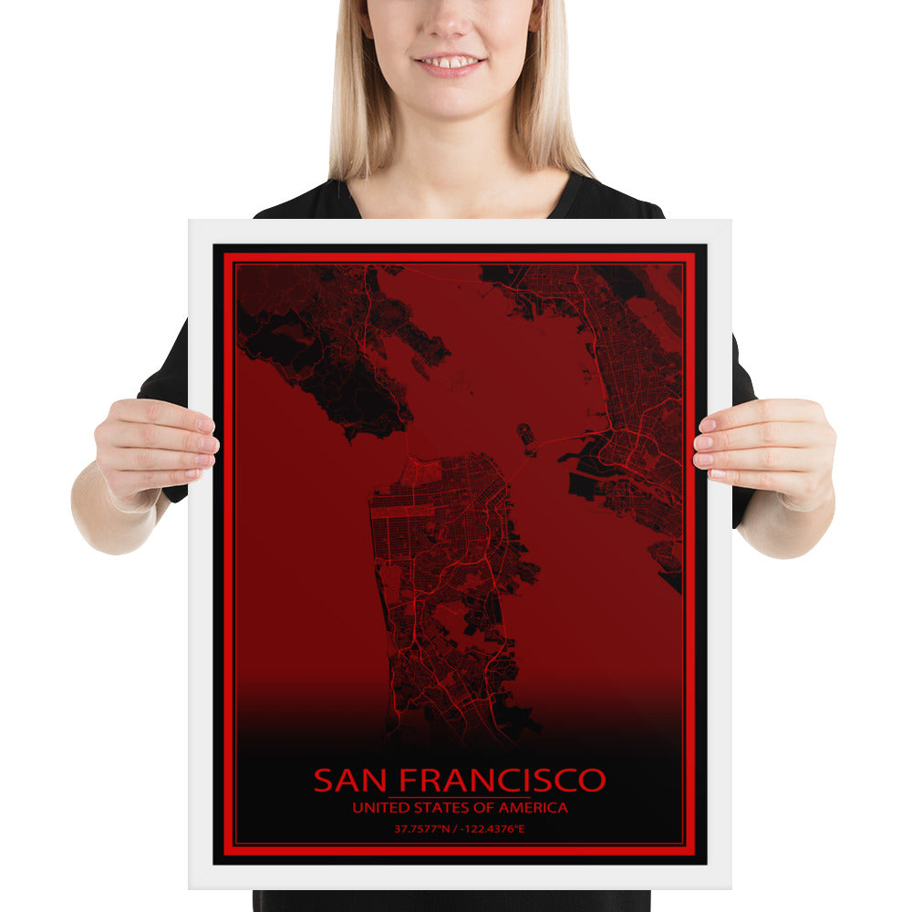 San Francisco Black and Red Framed Map