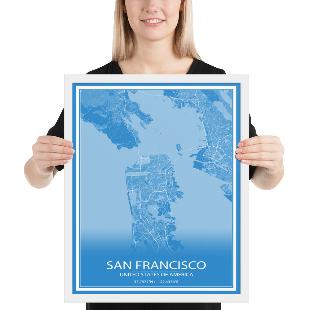 San Francisco Blue and White Framed Map