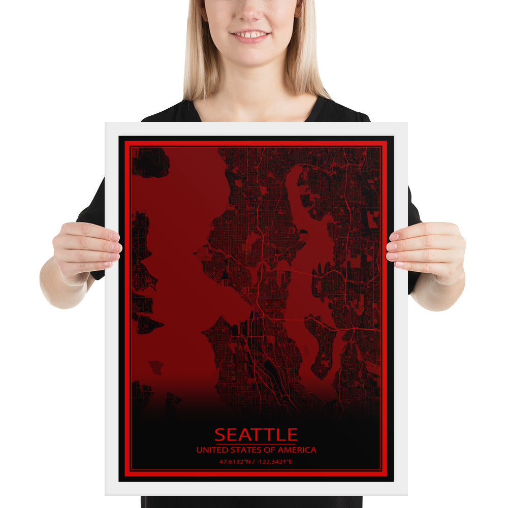 Seattle Black and Red Framed Map