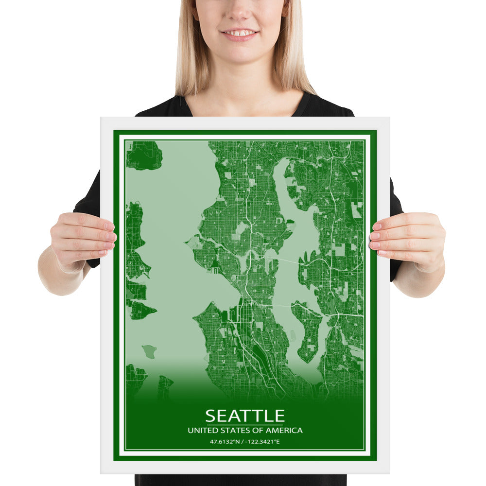 Seattle Green and White Framed Map