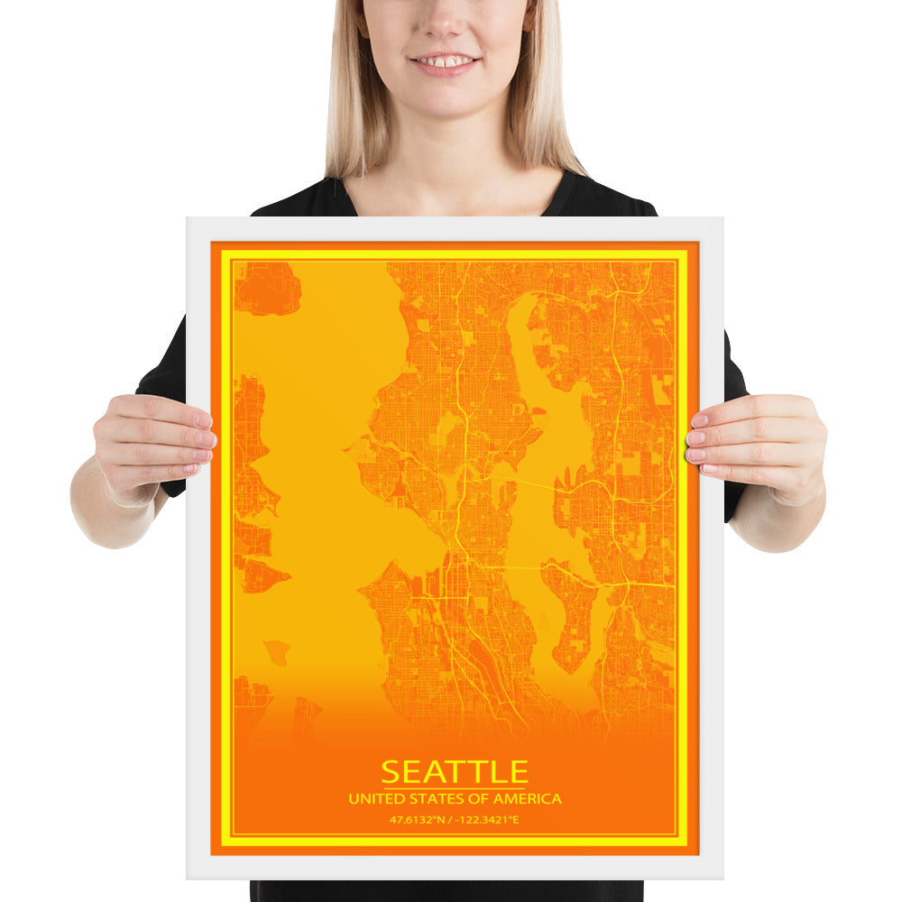 Seattle Orange and Yellow Framed Map