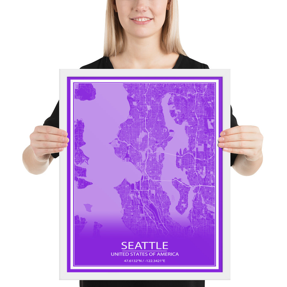 Seattle Purple and White Framed Map