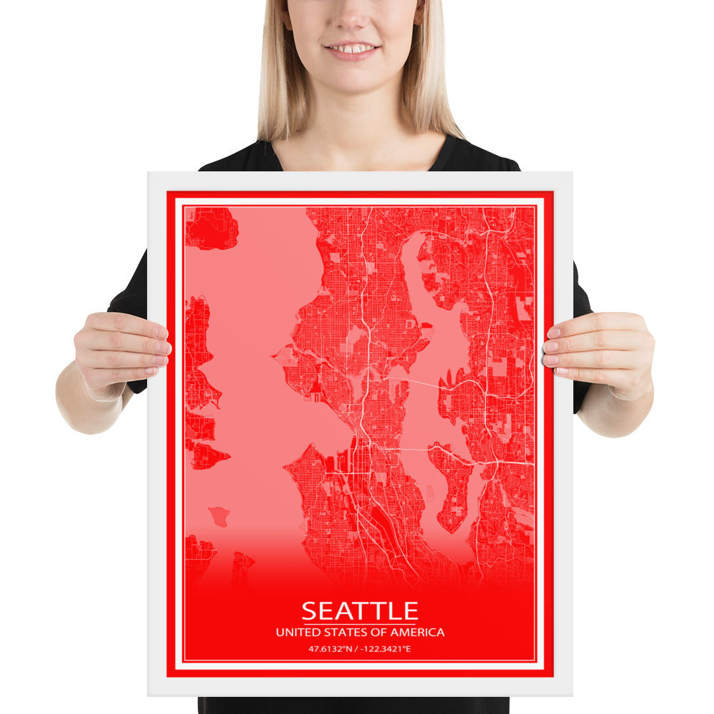 Seattle Red and White Framed Map