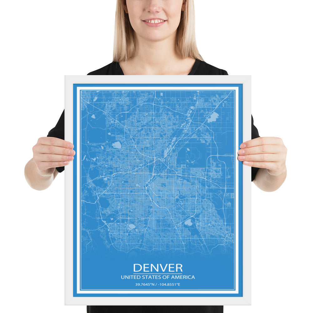 Denver Blue and White Framed Map