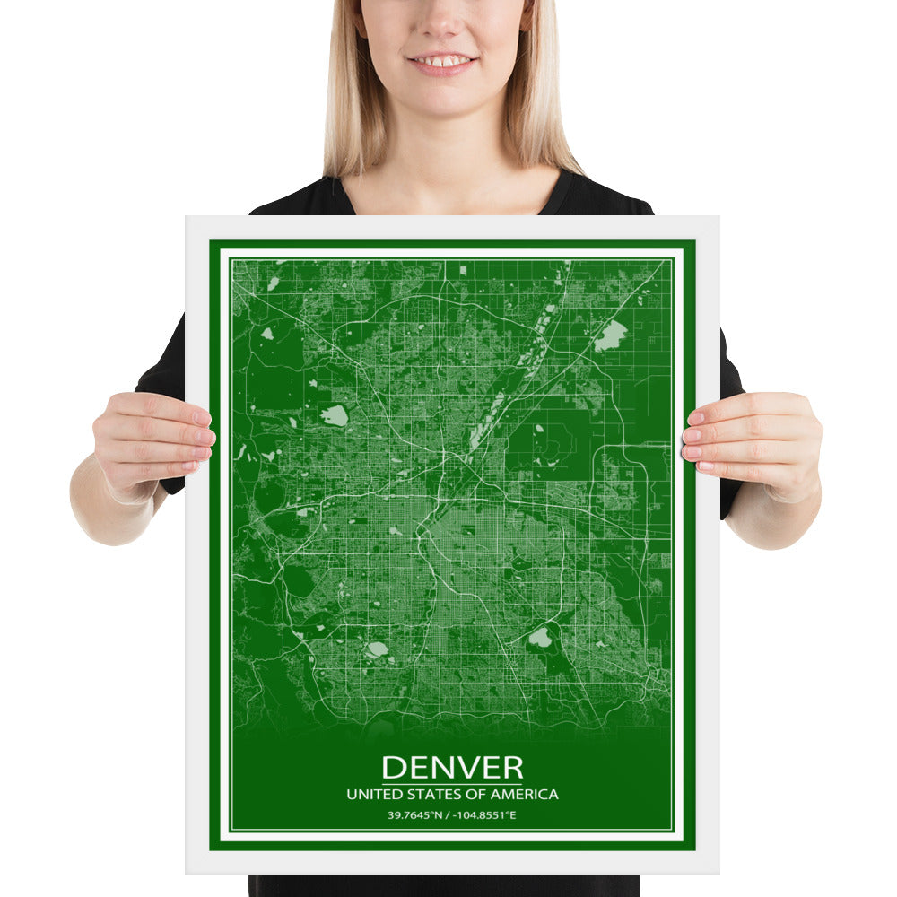 Denver Green and White Framed Map