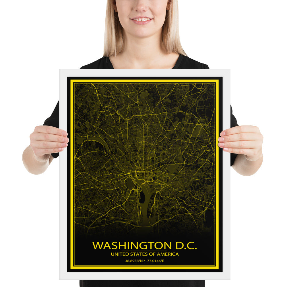 Washington, D.C. Black and Yellow Framed Map