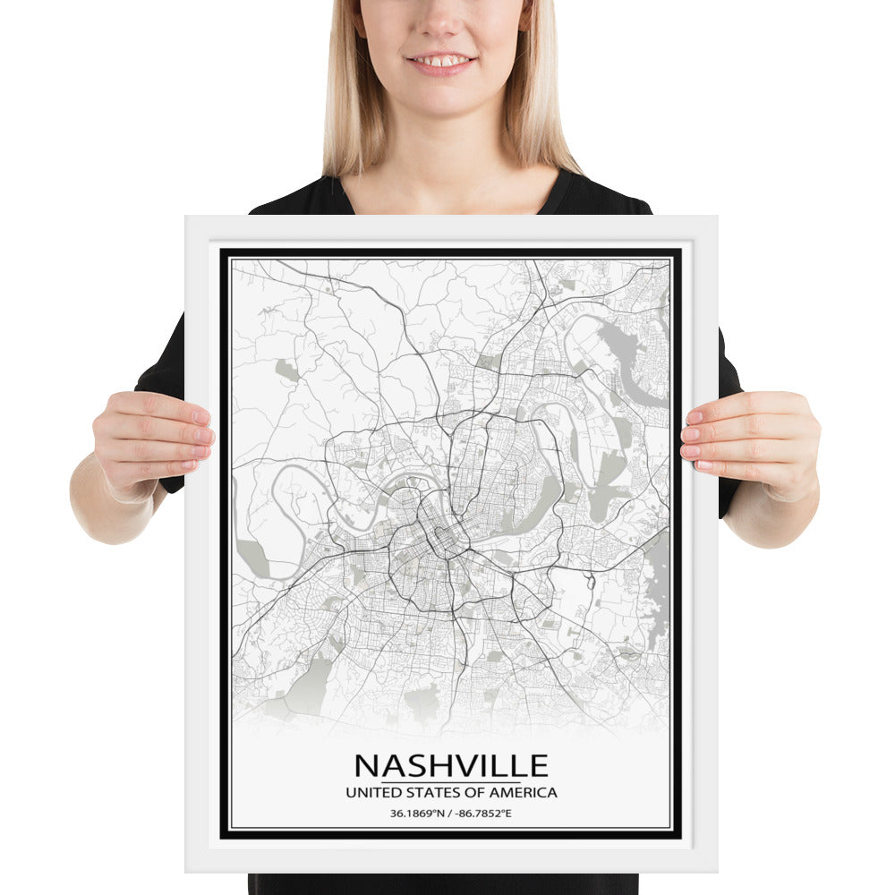 Nashville White Framed Map