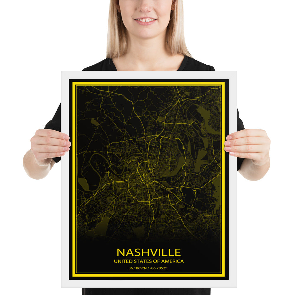 Nashville Black and Yellow Framed Map