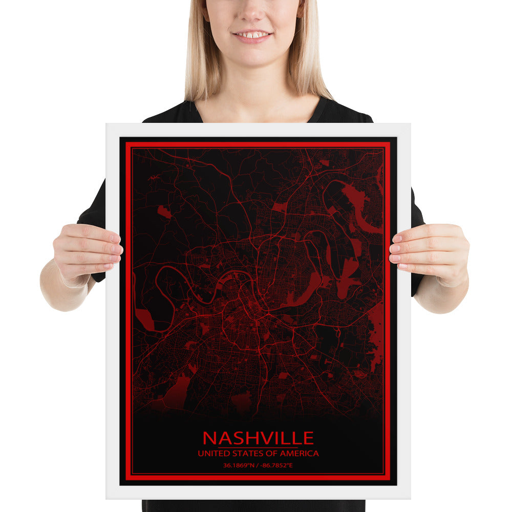 Nashville Black and Red Framed Map