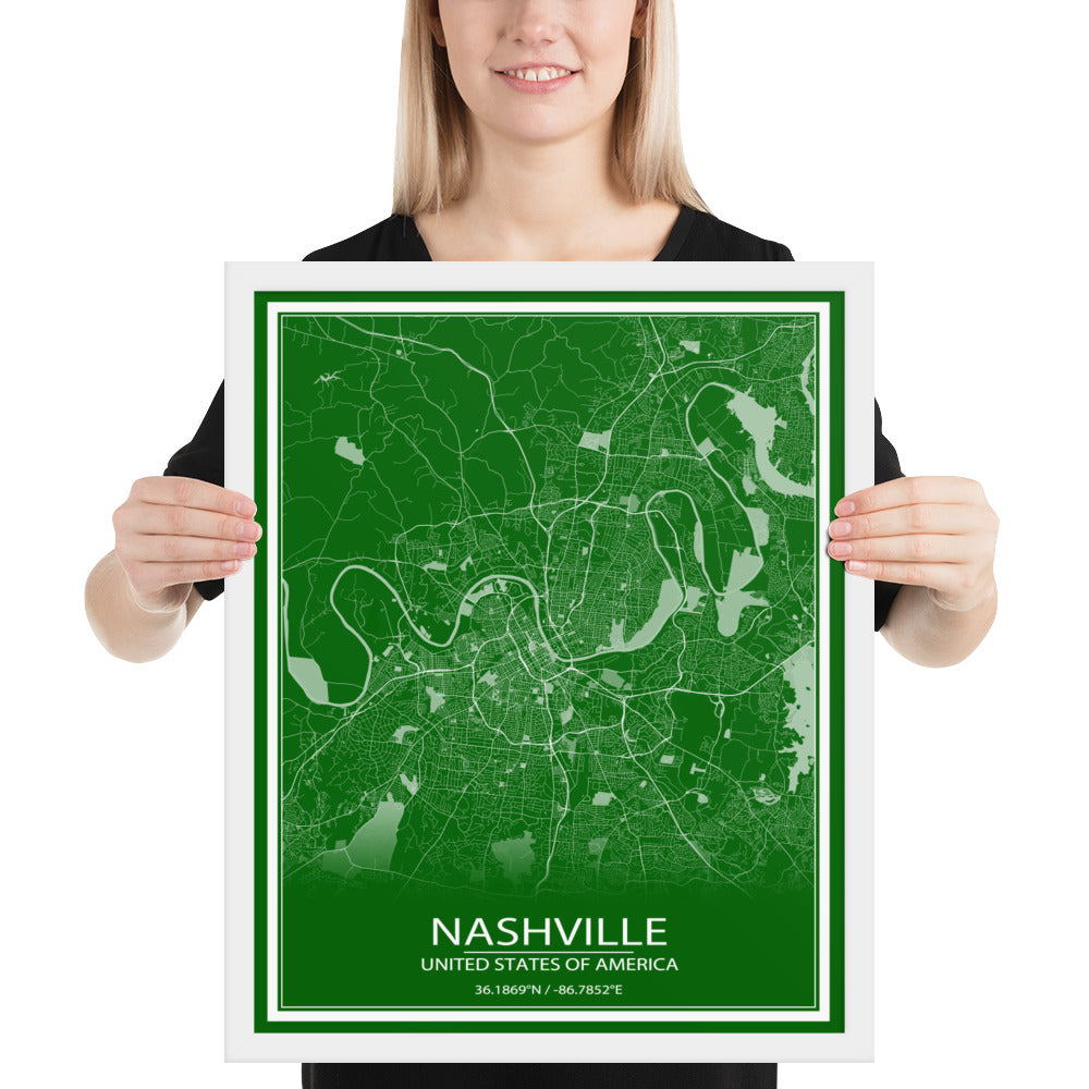 Nashville Green and White Framed Map