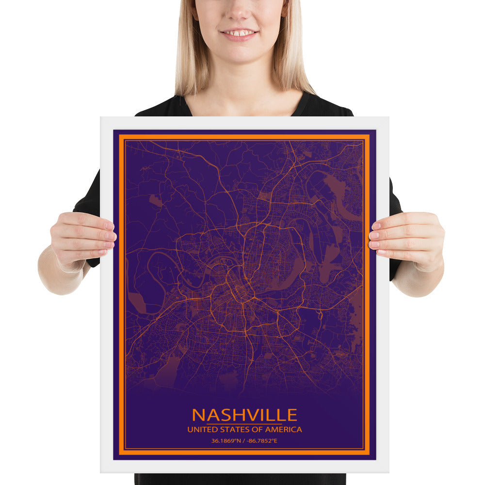 Nashville Purple and Orange Framed Map