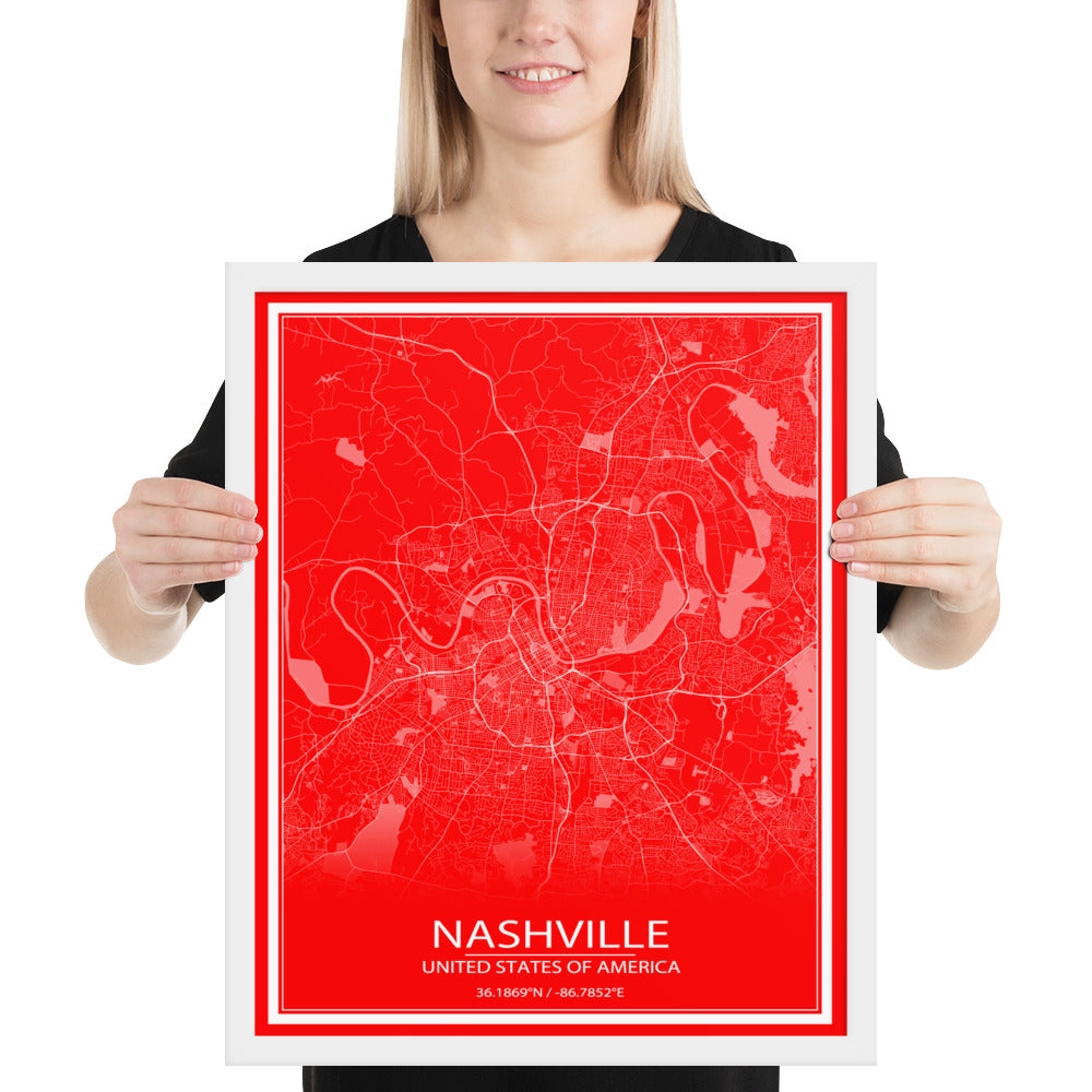 Nashville Red and White Framed Map