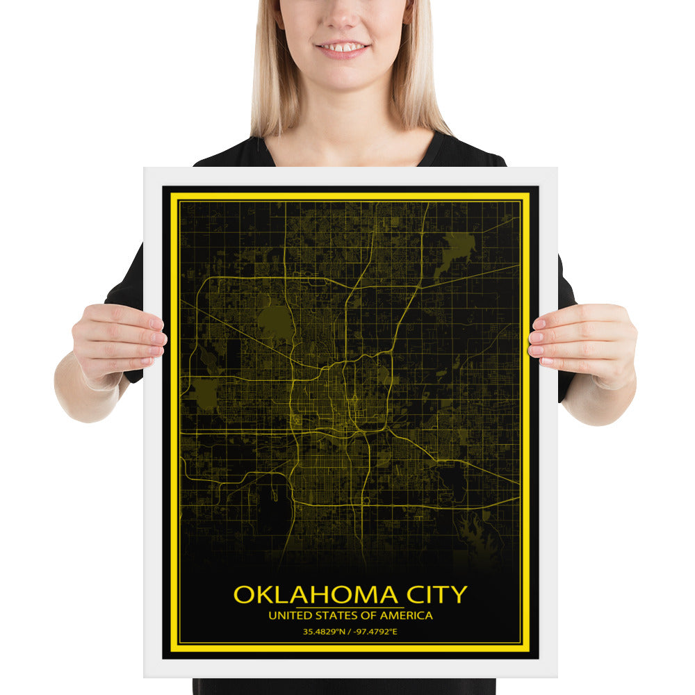 Oklahoma City Black and Yellow Framed Map